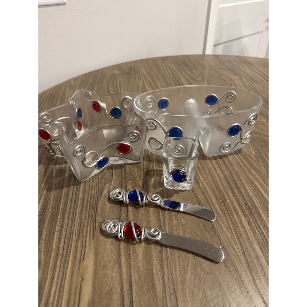 Vintage Dansk 5Pc Jeweled Serving Set Star & Oval Bowls Spreaders Red Blue Clear